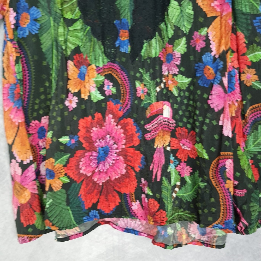 Farm Rio Blouse Womens Medium Black Multicolor Lace Floral Parrot Boho Top - Picture 7 of 16